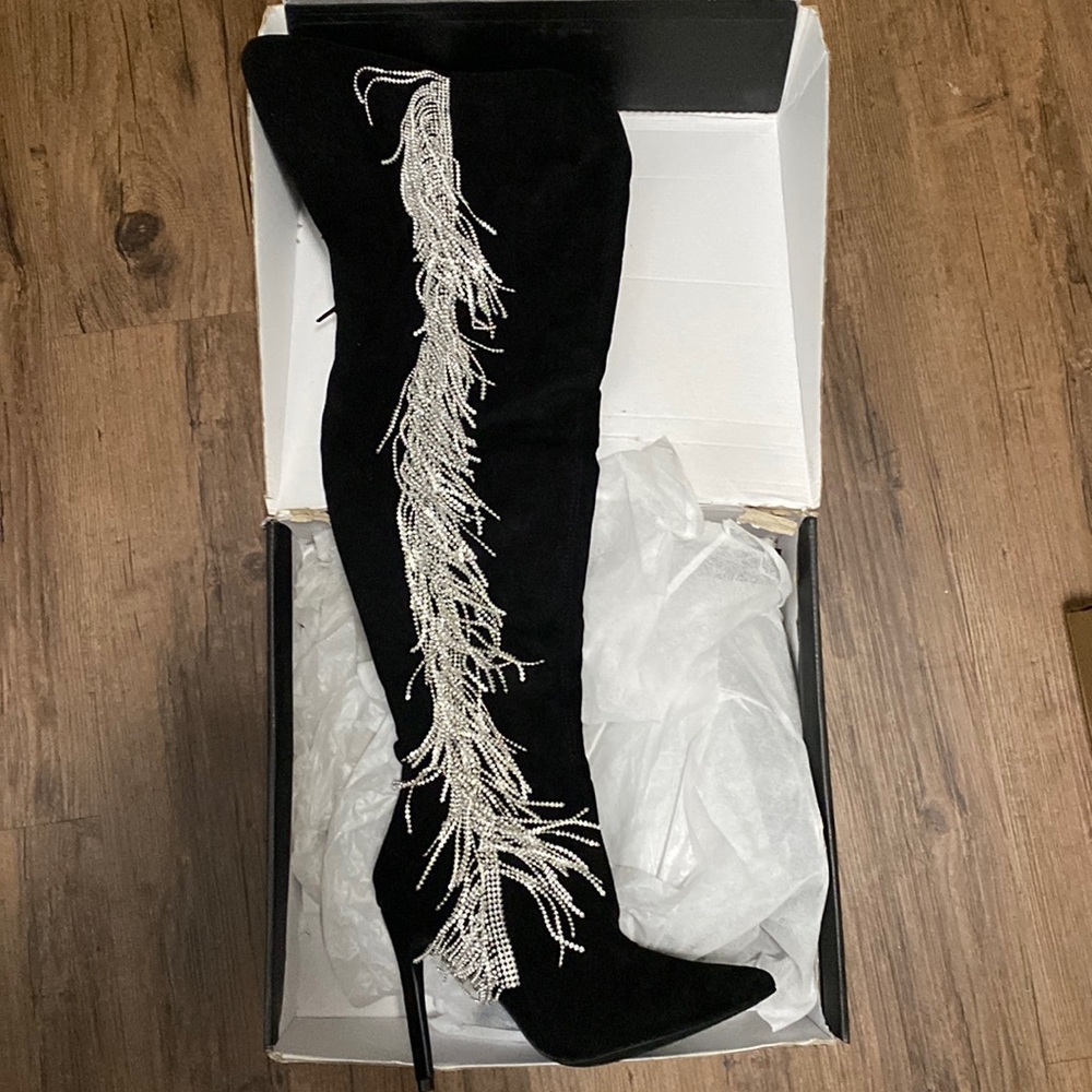 Black thigh high boots with silver tassel rhinestones